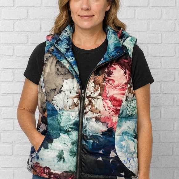 Pure + Good Anthropologie Floral Puffer Vest – Hooded, Lightweight, Watercolor - Picture 2 of 8